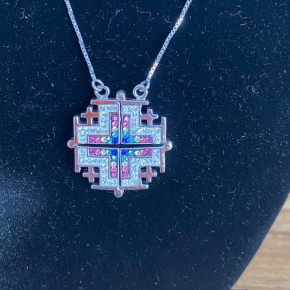 Sterling Silver Jerusalem Cross with Cubic Zirconia Two-Way Magnetic Pendant - Picture 2 of 6